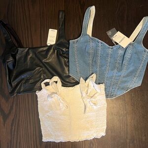 Express Faux Leather Top, Bardot Denim Corset, and Abercrombie White Smocked Top